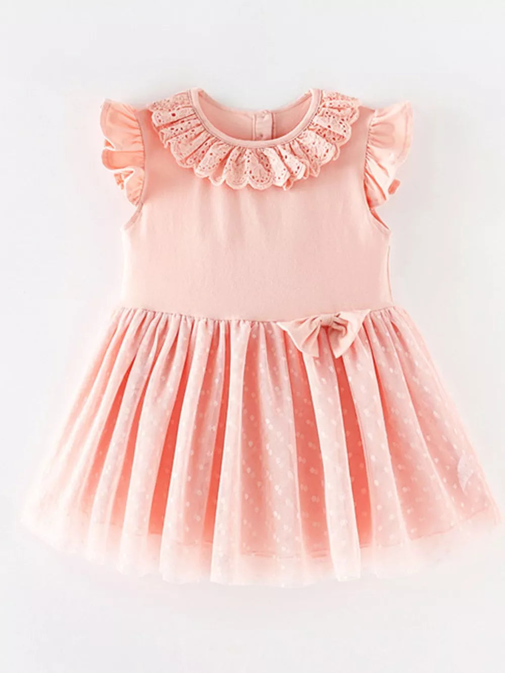 Pink baby girl dress with ruffled collar, cap sleeves, polka dot tulle skirt, and bow detail.