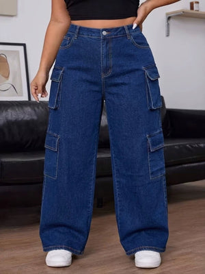 wide-leg jeans in medium blue with pocketed and full-length