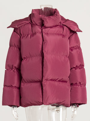 Maroon puffer jacket with high neck and long sleeves