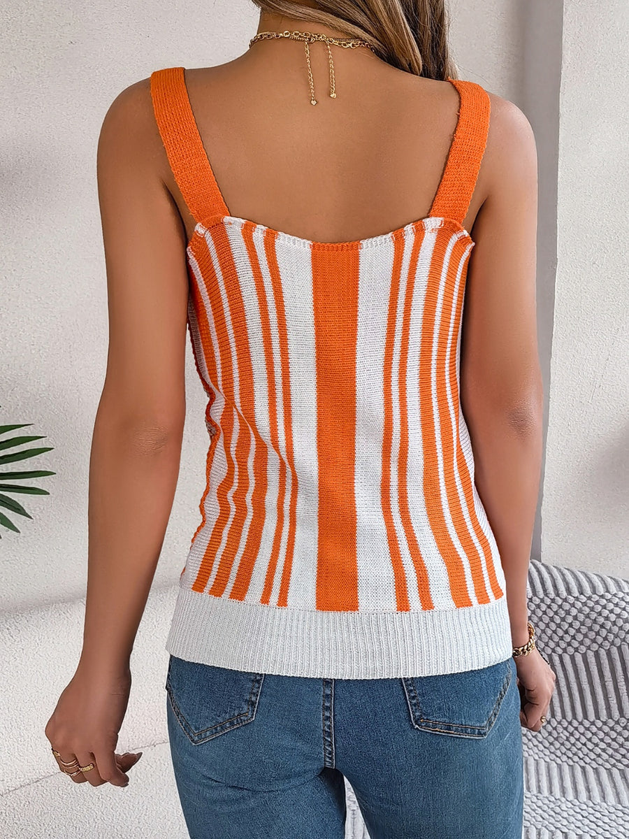 Orange and white striped knit tank top with button front detail