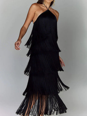 Black halter neck maxi dress with tiered fringe detail