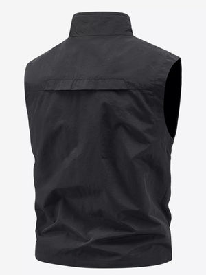 Black men's outdoor vest with stand collar and back yoke detail.
