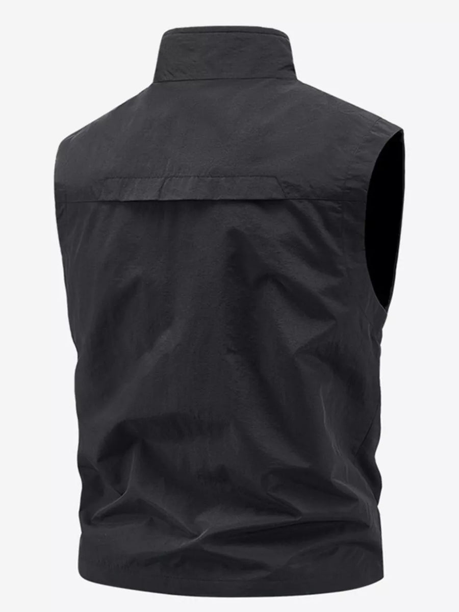 Black men's outdoor vest with stand collar and back yoke detail.