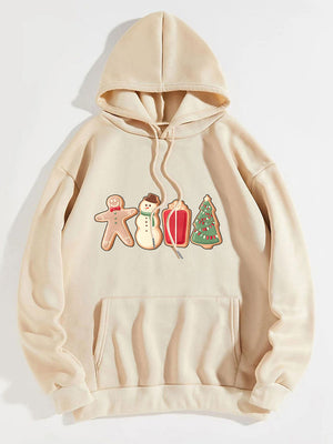 Cream hoodie with festive cookie graphic, adjustable hood, long sleeves, and front pocket.