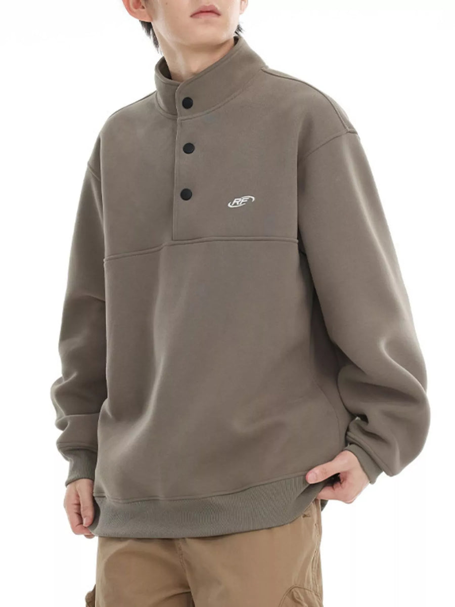 Khaki buttoned sweatshirt pullover with mock neck and embroidered logo detail.