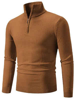 Slim fit caramel quarter zip sweater with ribbed collar and cuffs.