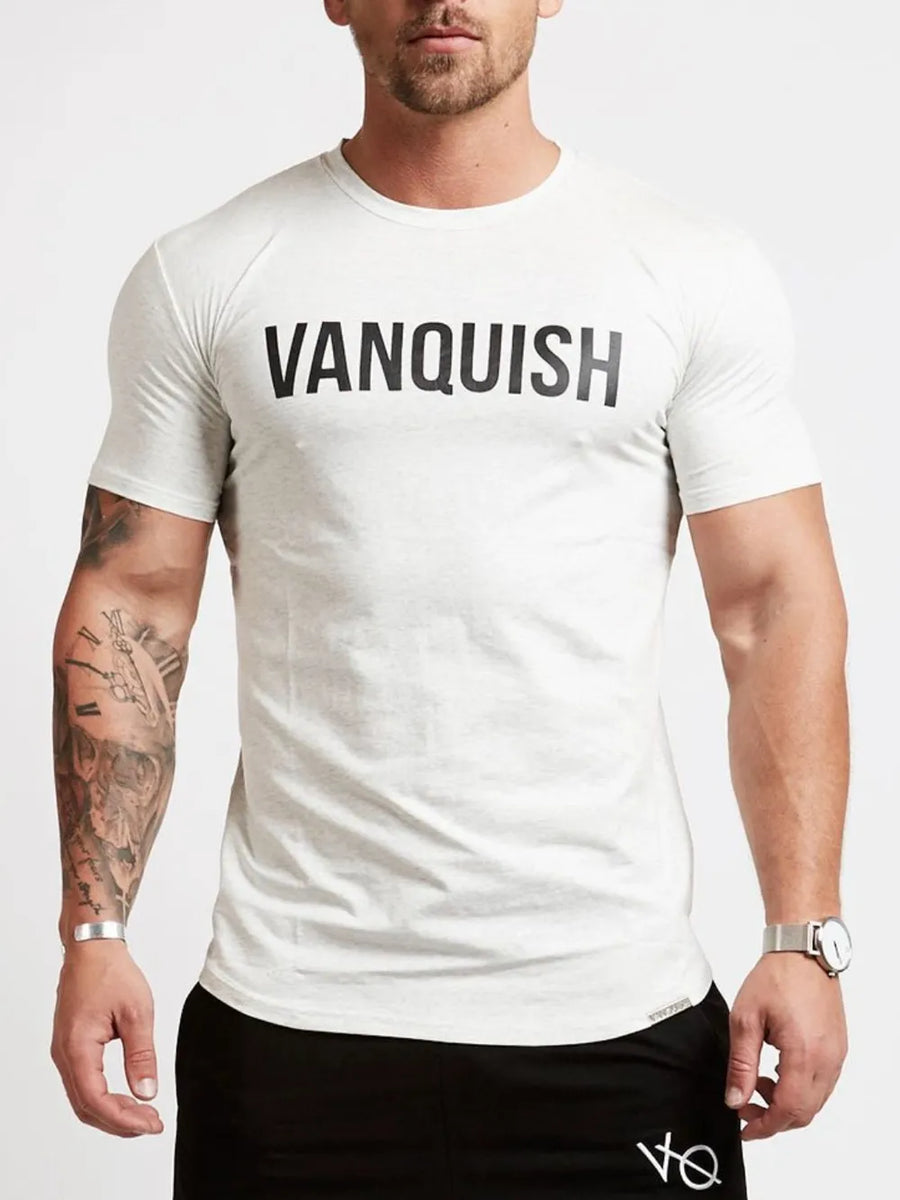 Vanquish Graphic Crew Neck Tee in light gray with black text.
