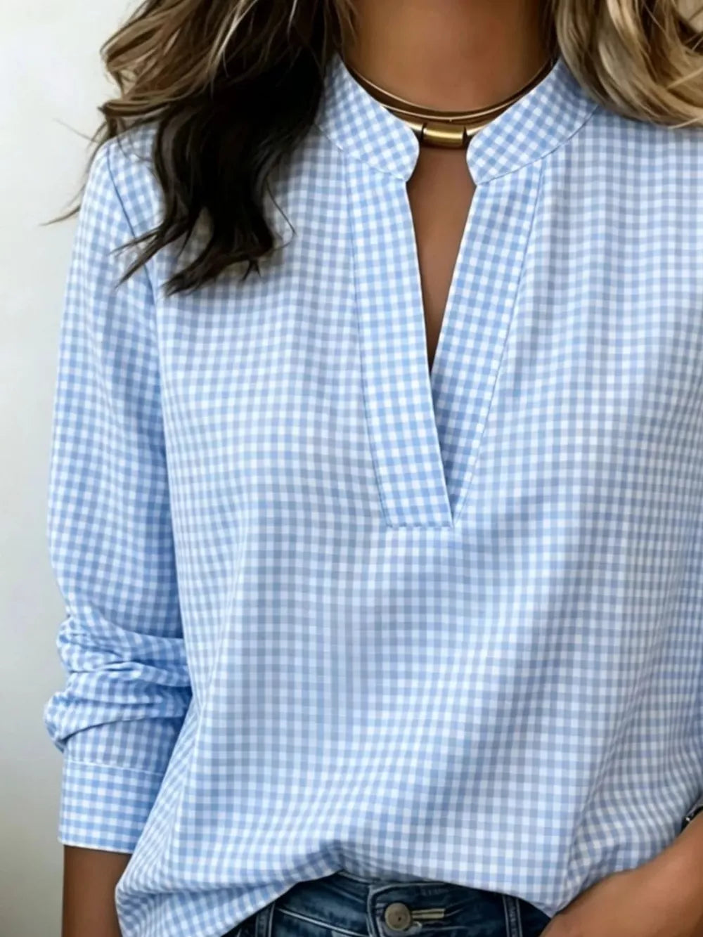 Blue Full Size Plaid Notched Long Sleeve Blouse