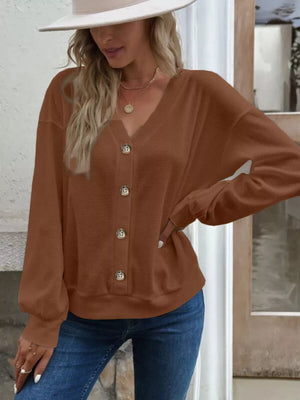 Casual V-neck Waffle Long Sleeve Top in White, view 13