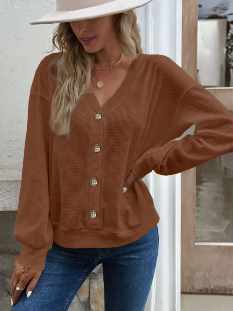 Casual V-neck Waffle Long Sleeve Top in White, view 13
