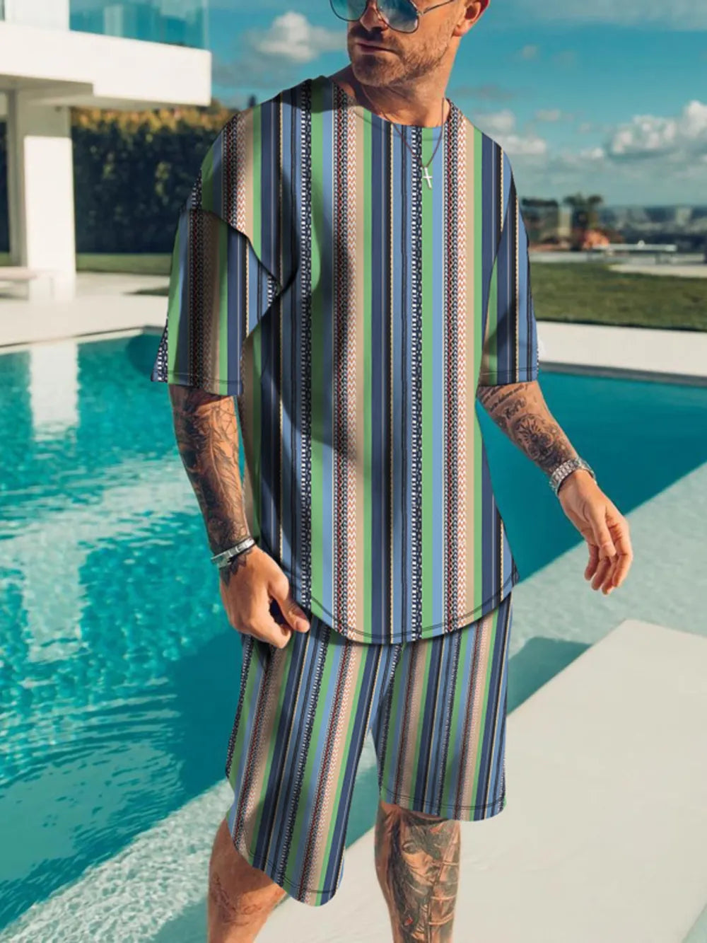 Black Men's Full Size Striped Short Sleeve Top & Shorts Set