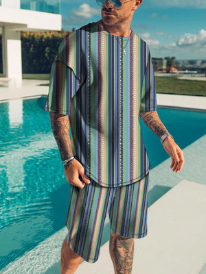Black Men's Full Size Striped Short Sleeve Top & Shorts Set