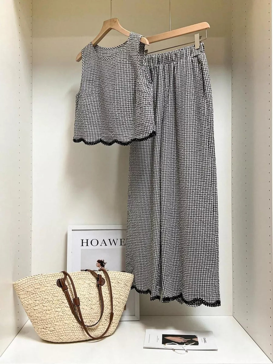 Plaid two-piece set with scalloped trim on sleeveless top and pants.