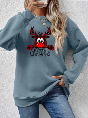 Misty Blue crewneck sweatshirt with plaid reindeer graphic and "Merry Christmas" text.