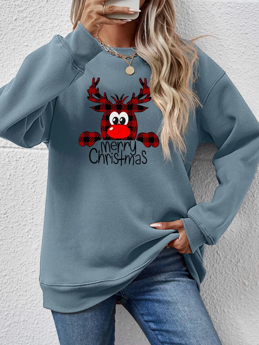Misty Blue crewneck sweatshirt with plaid reindeer graphic and "Merry Christmas" text.