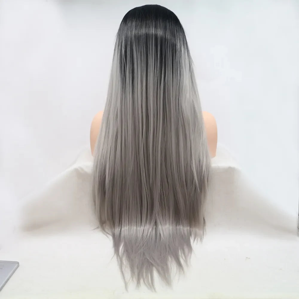 Black/Grey ombre lace front wig with sleek, straight long hair.