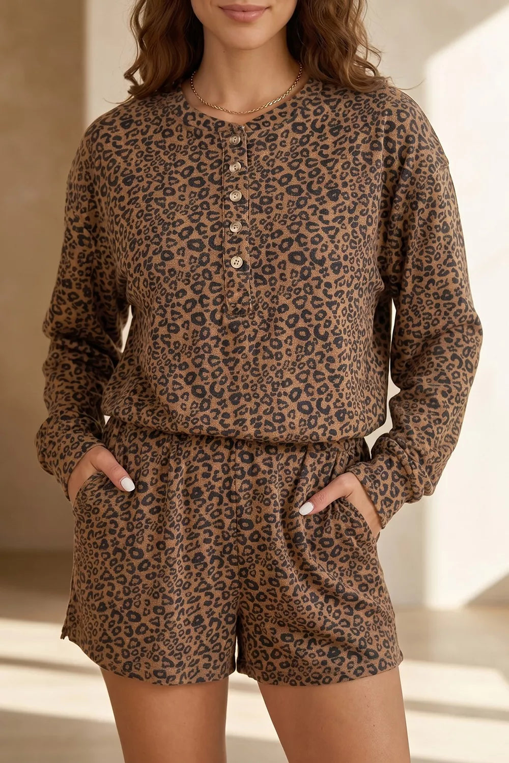 Coffee Brown Leopard Print Long Sleeve Henley Top & Shorts Set