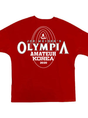 Oversized red graphic tee with Olympia Amateur Korea 2020 print