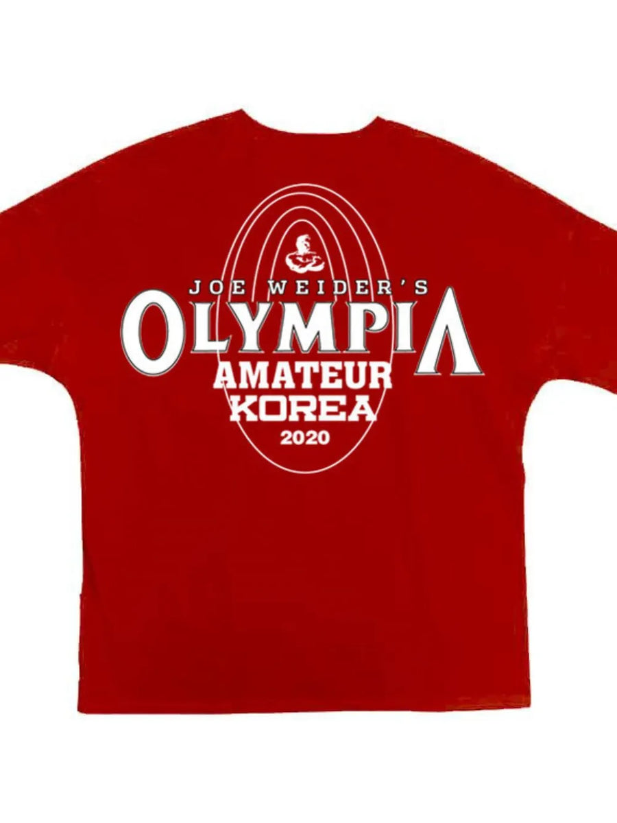 Oversized red graphic tee with Olympia Amateur Korea 2020 print