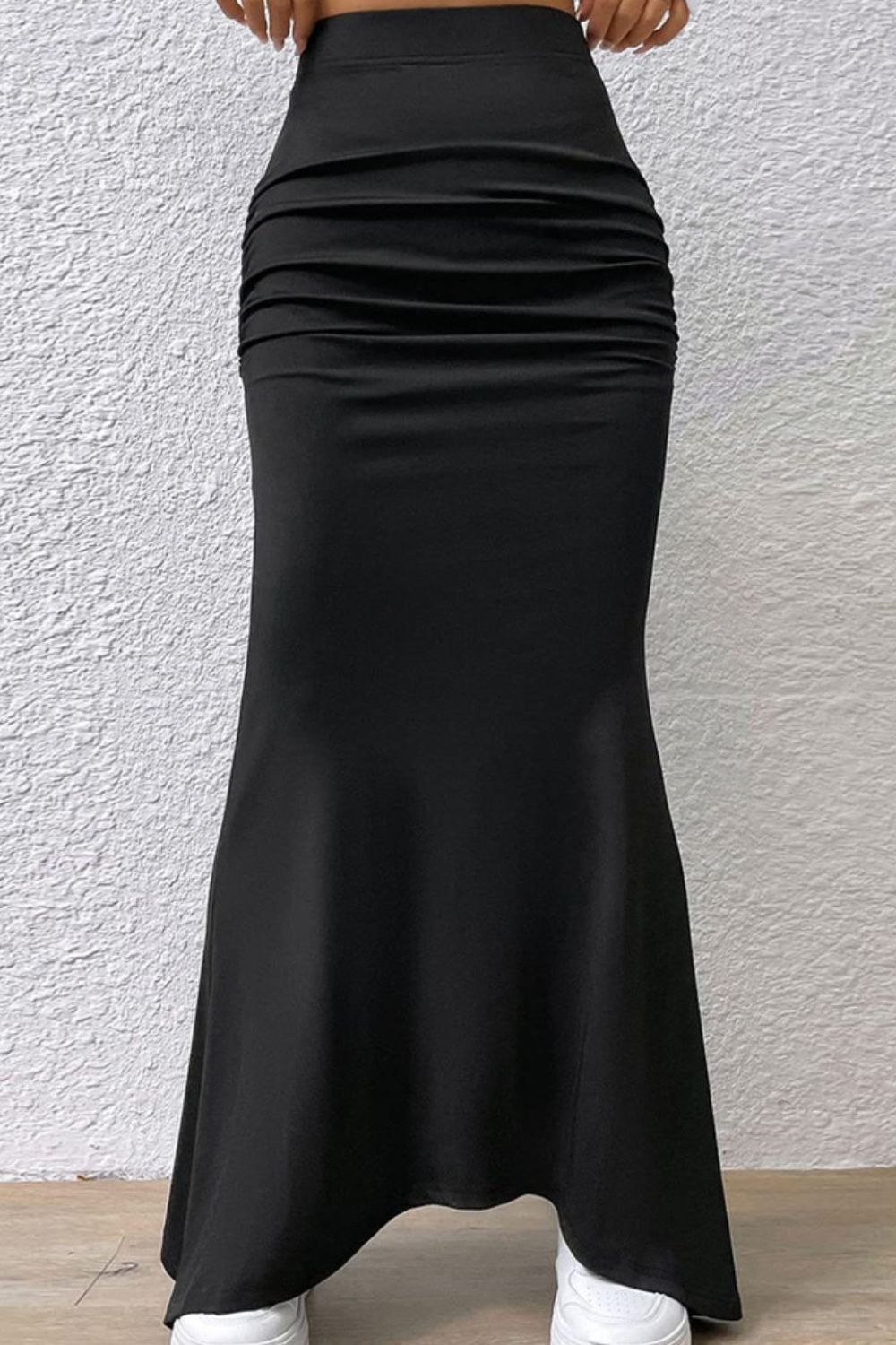 Black fishtail maxi skirt with ruched waistline detail
