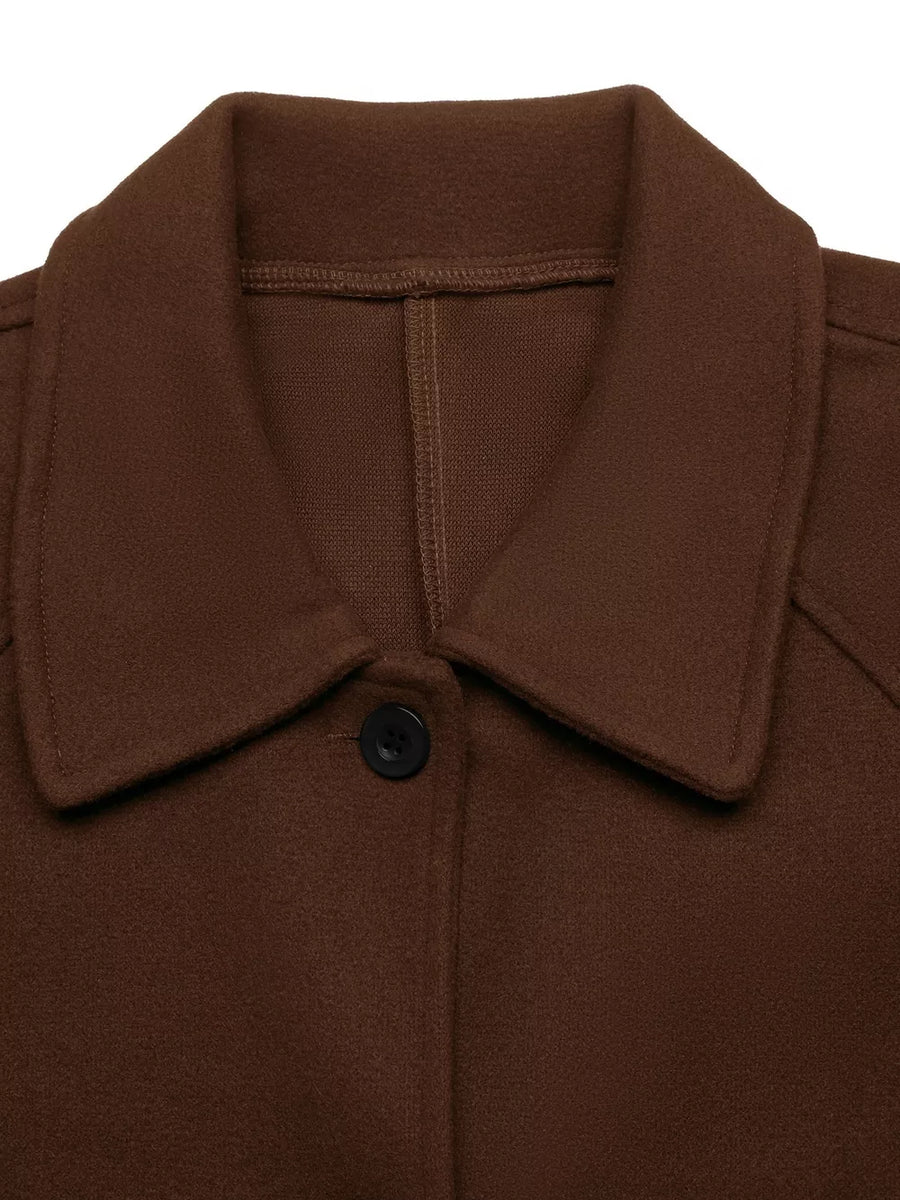 dark brown overcoat with unlined and raglan sleeve