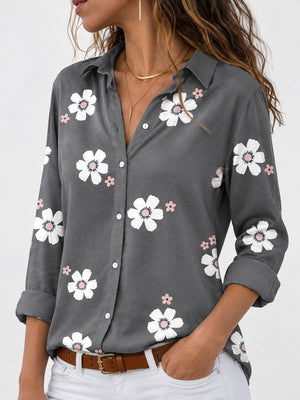 dark gray button-down shirt with floral and collared