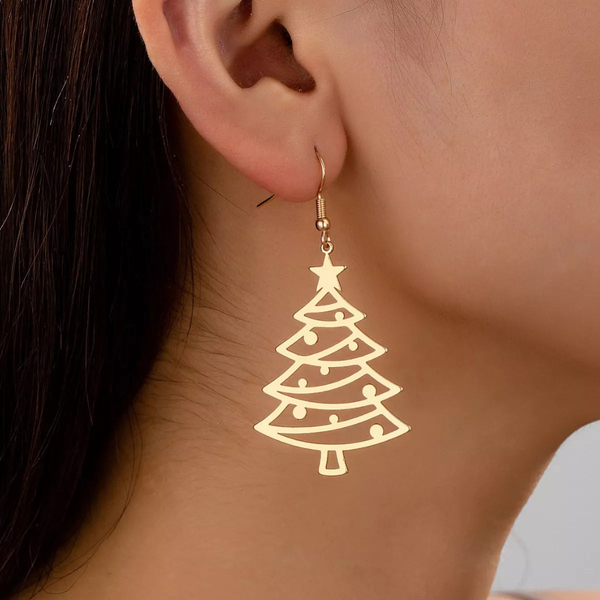 Festive Christmas tree dangle earrings in 18K gold-plated Style A, detailed with ornaments and a star.