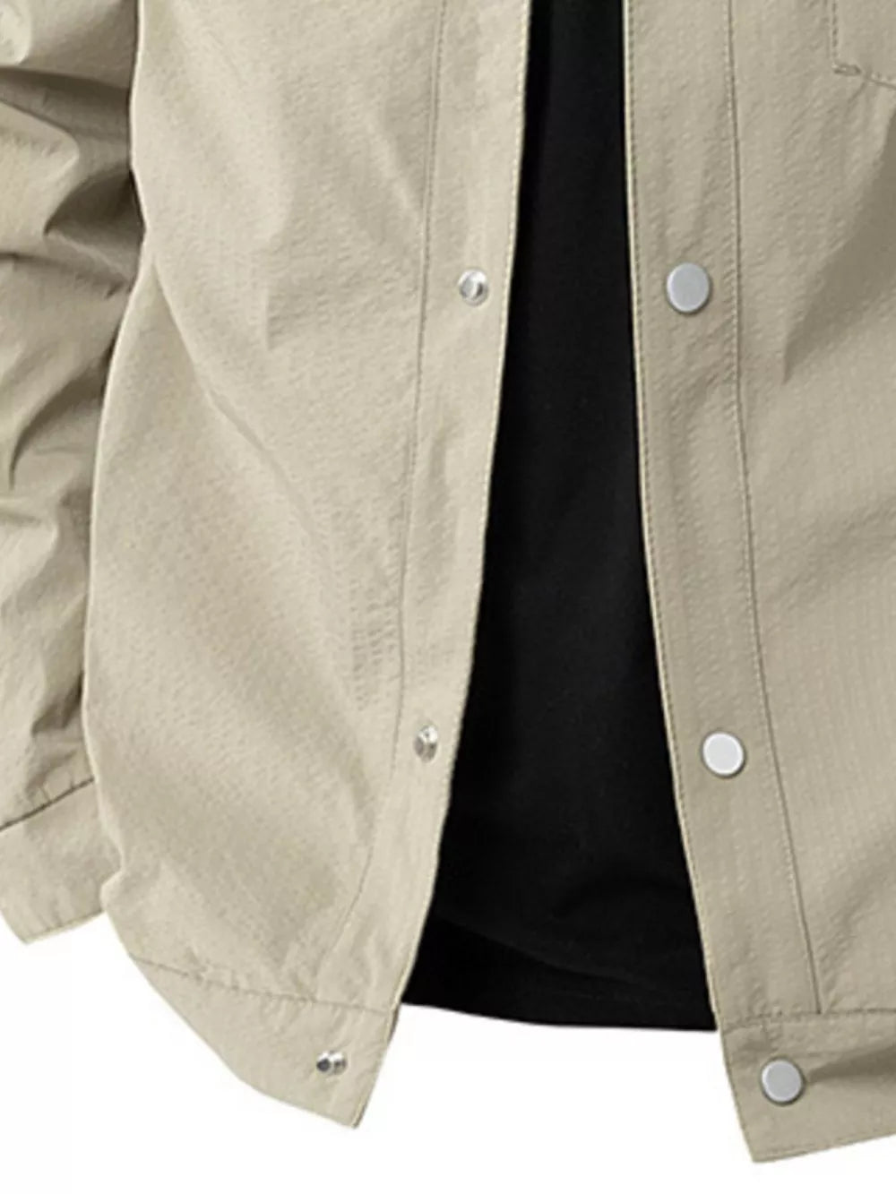 Light Khaki snap-down jacket with subtle texture and silver snap closures.