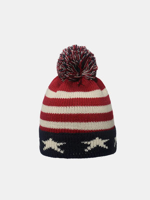 Knit beanie with red, white, and blue stripes and stars, topped with a pom.