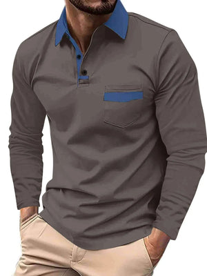 Long sleeve polo shirt in dark gray with contrast blue collar and pocket detail.