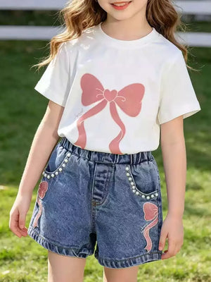 Charming bowknot tee and denim shorts set in Scarlet with bead embellishments.