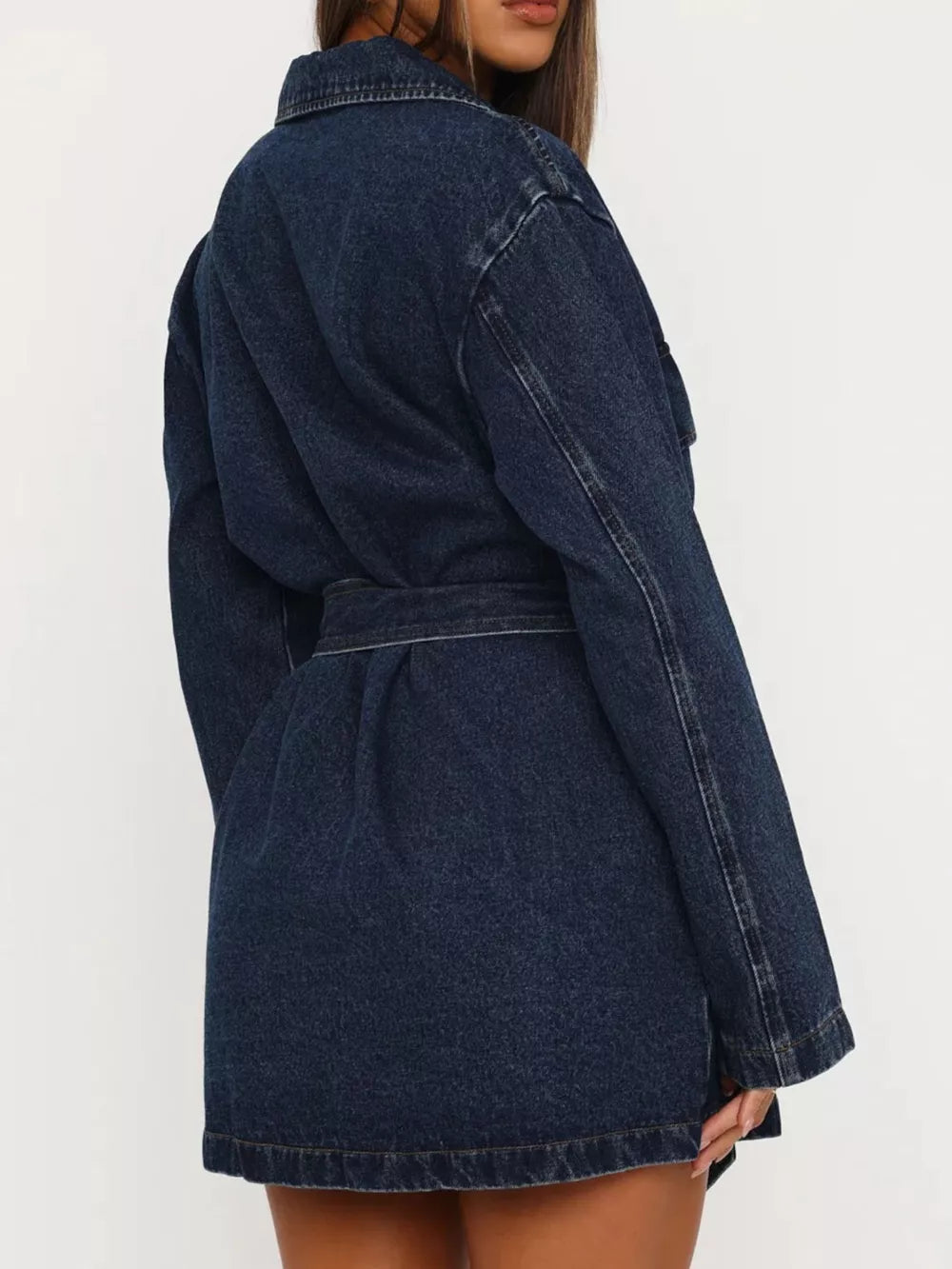 Dark Blue denim jacket with thigh-length and button-front