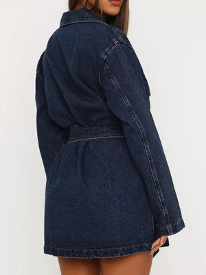 Dark Blue denim jacket with thigh-length and button-front