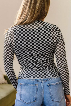 Plaid Stand Neck Long Sleeve Mesh Top in this colorway