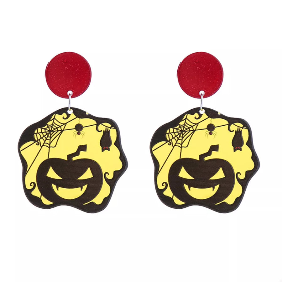 Spooky dangle earrings with red tops and yellow Halloween pumpkin, bat, and spider designs.