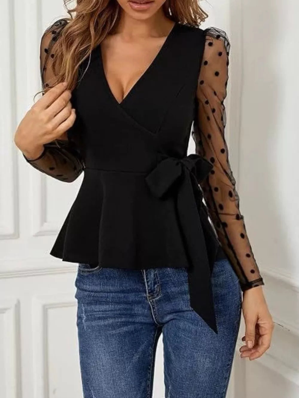 Polka Dot Mesh Sleeve Wrap Top in Black