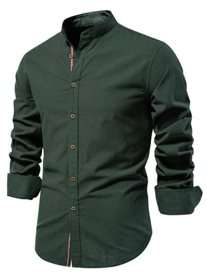 Dark Green Mandarin Collar Linen Shirt with button detail and red stripe accent
