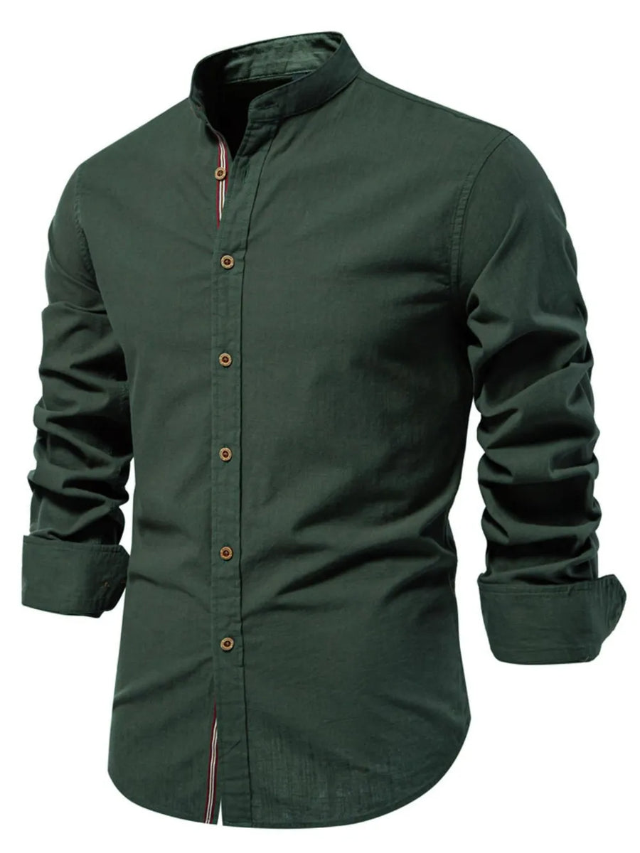Dark Green Mandarin Collar Linen Shirt with button detail and red stripe accent