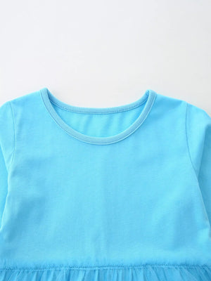 Baby girls pastel blue long-sleeve cotton dress with tulle skirt detail.