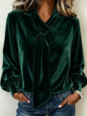 Navy blouse with ruched and bishop sleeve