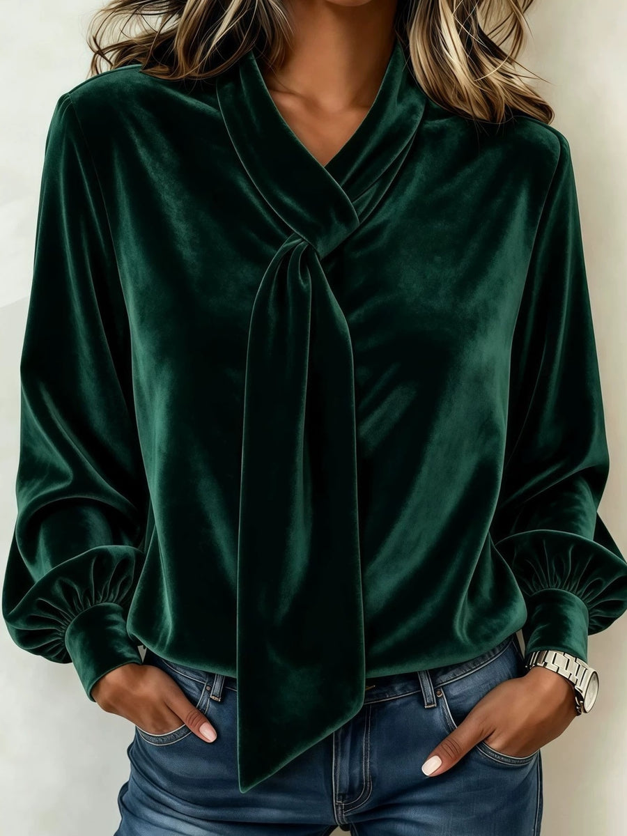 Navy blouse with ruched and bishop sleeve