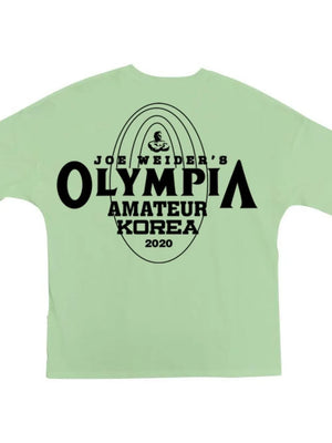 Oversized graphic tee in Gum Leaf green with Olympia Amateur Korea 2020 print