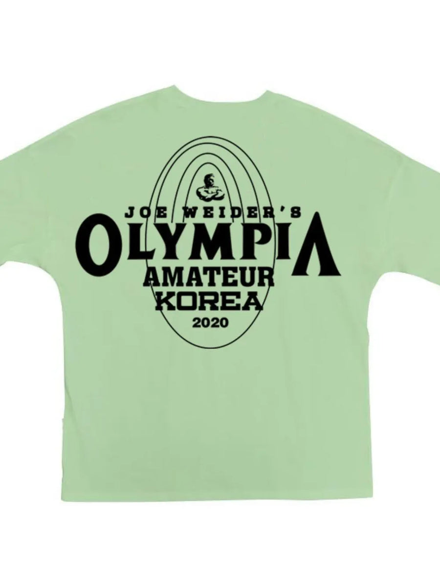Oversized graphic tee in Gum Leaf green with Olympia Amateur Korea 2020 print
