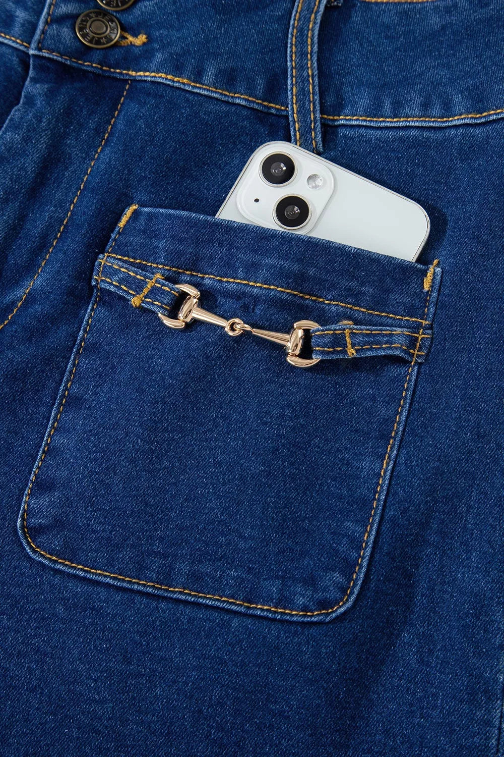 Hardware Decor Patched Pockets Wide Leg Jeans in medium blue with buttoned