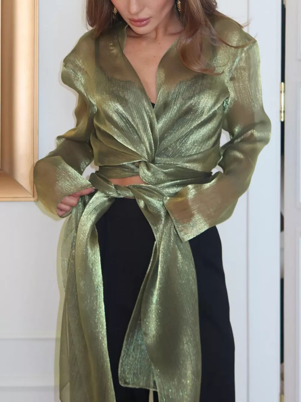 wrap top in metallic olive green featuring tied and relaxed fit