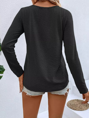 Dark Brown Full Size V-neck Decor Button Long Sleeve T-shirt Plus Size