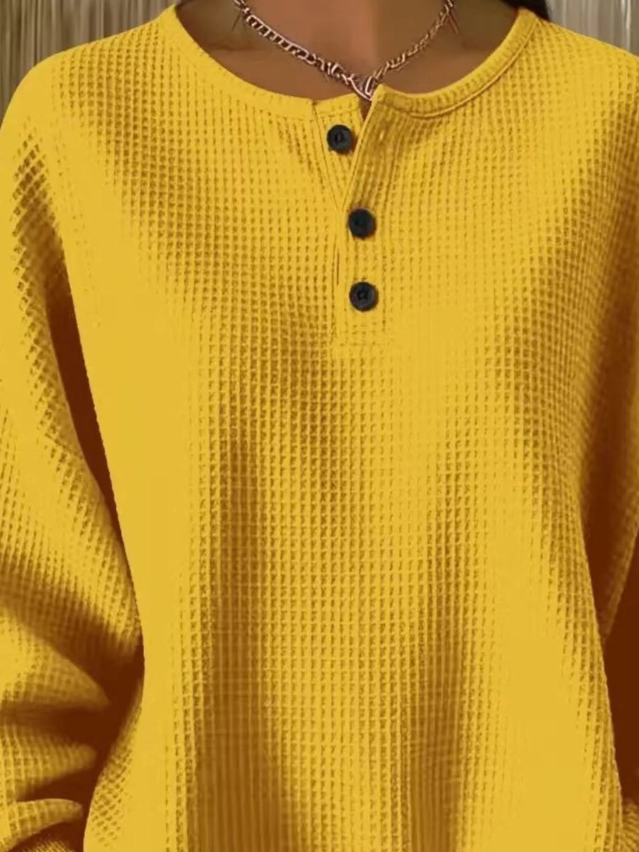 Yellow waffle knit henley top with button detail