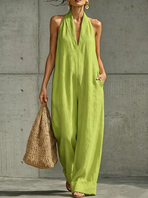Yellow-green Full Size Halter Neck Wide-leg Jumpsuit Plus Size