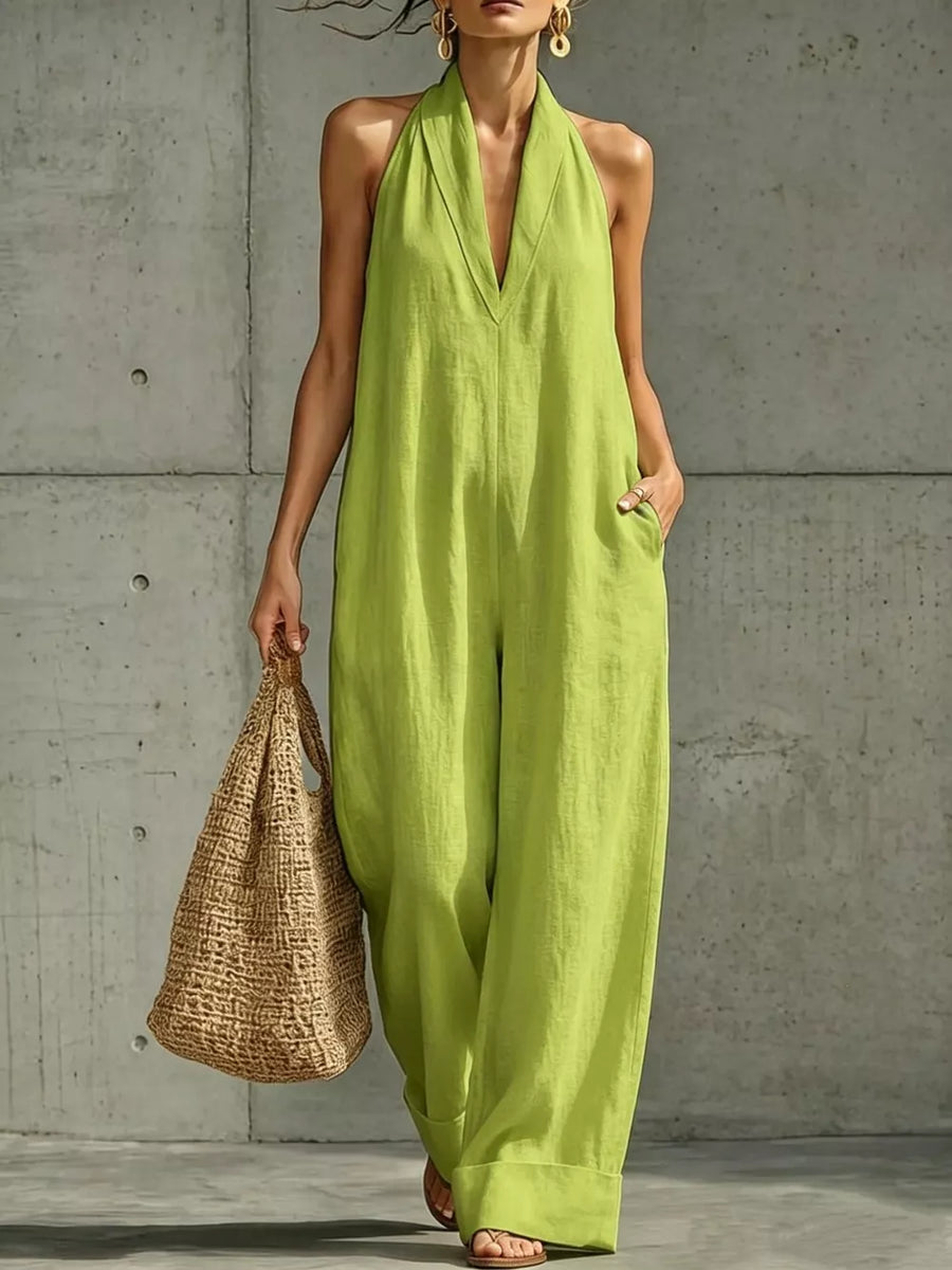Yellow-green Full Size Halter Neck Wide-leg Jumpsuit Plus Size