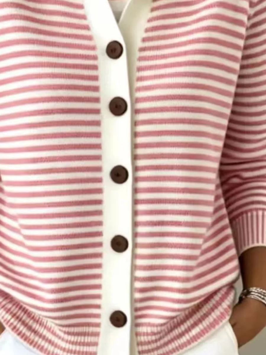 Full Size Striped Button-down Knit Cardigan Plus Size in Black with collared